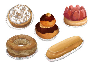 set of five french pastries illustrations isolated on white