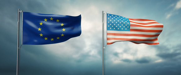 3d illustration two state flags of the european union and the united states of america, facing each other and moving in the wind in front of cloudy sky