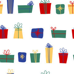 Vector Presents Gift boxes colorful seamless pattern. Great for scrapbooking, wallpaper, fabric, gift wrapping.