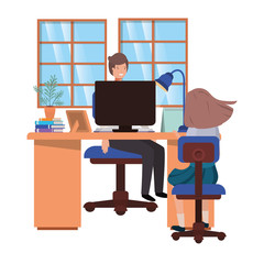 businessman in the office with girl avatar character