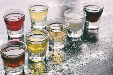 Alcohol drinks. Set of wine, brandy, liqueur, tincture, cognac, whiskey in glass, bottles. Large...
