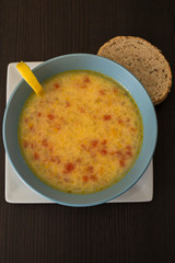 Homemade hot vegetable soup in bowl, close-up
