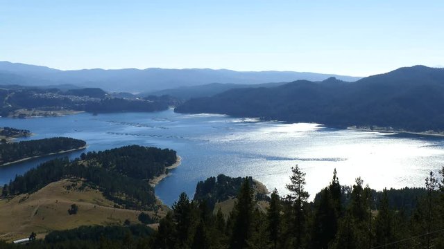 Mountain landscape, fish farm. Dospat Dam, Rodopi Mountain, Bulgaria.