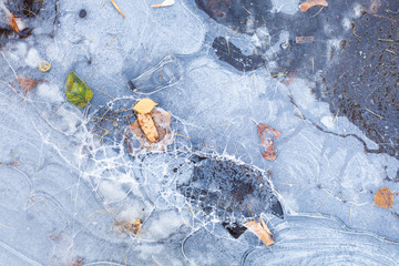 broken ice crust on frozen puddle in autumn