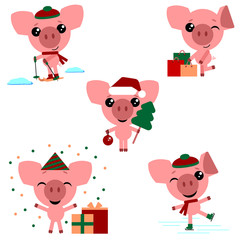 Cartoon pig vector piglet or piggy character on white background. The set consists of a pig who skate and ski, makes purchases, celebrates a birthday, celebrates the new year.