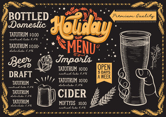Christmas menu template for beer restaurant on a blackboard.
