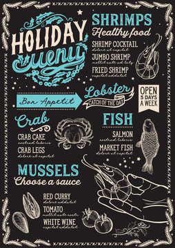 Christmas menu for seafood restaurant, food template.