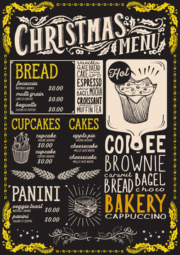 Christmas menu template for bakery on blackboard.