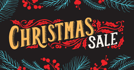 Christmas sale chalkboard background with holiday decorations.
