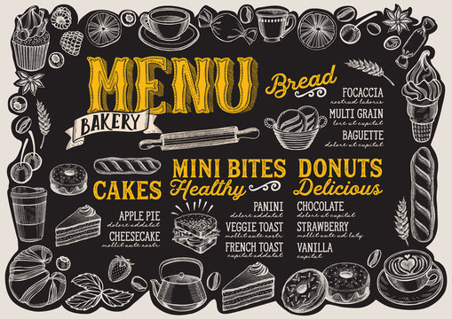 Bakery menu for restaurant with frame of hand-drawn fruits and sweets.