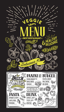 Veggie menu for restaurant. Vector food flyer for bar and cafe. Design template with food hand-drawn graphic illustrations on blackboard background.