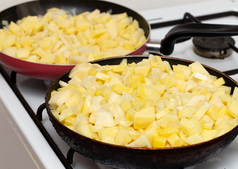 Fried potatoes in the pan as a background