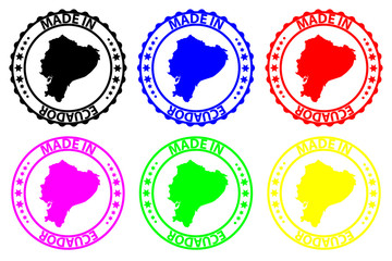 Made in Ecuador - rubber stamp - vector, Ecuador map pattern - black, blue, green, yellow, purple and red