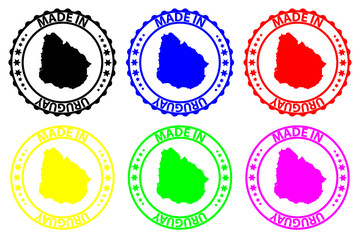 Made in Uruguay - rubber stamp - vector, Uruguay map pattern - black, blue, green, yellow, purple and red