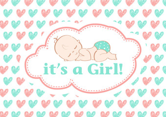 It's a Girl - Beautiful Baby Shower card to celebrate the new family member. In a Green and pink pastel love color background!