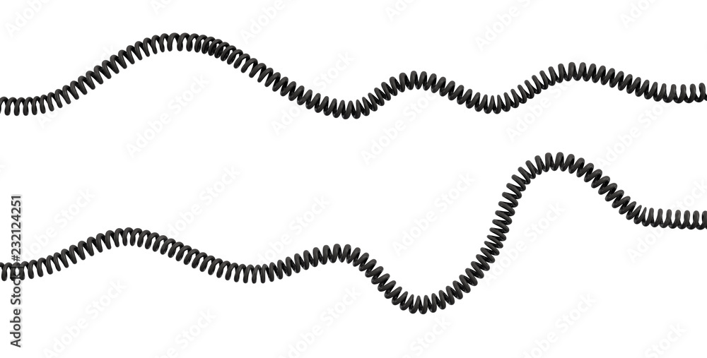 Poster 3d rendering of two strings of spiral rubber phone cables lying curled at a white background.