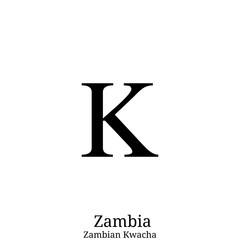 Black  Zambian Kwacha currency symbol isolated on white background