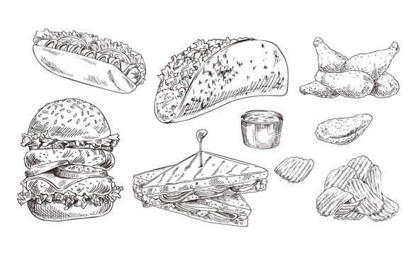 Fast food set hand drawn vector monochrome sketch