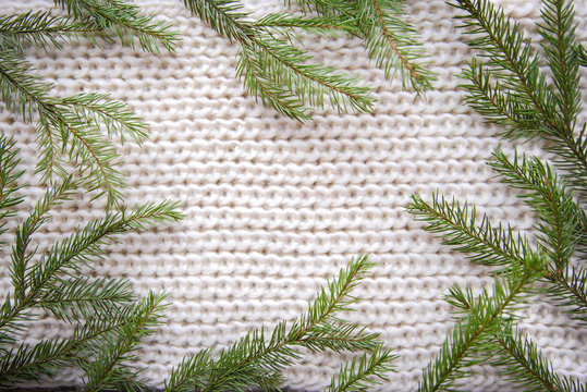 Warm picture with Christmas tree branches on a knitted background