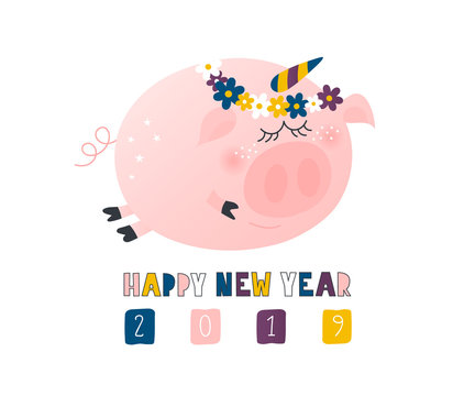 Postcard with cute funny pig unicorn - symbol of the year in the Chinese calendar 2019. Piggy cartoon character. Vector illustration.