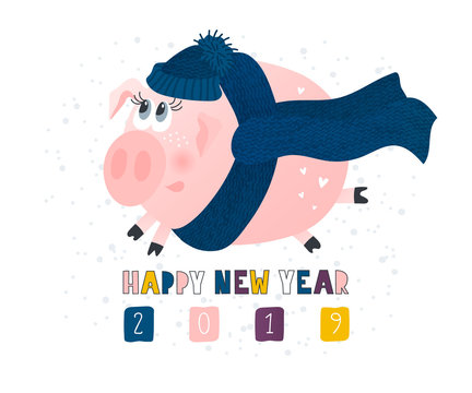 Postcard with cute funny pig - symbol of the year in the Chinese calendar 2019. Piggy cartoon character. Vector illustration.