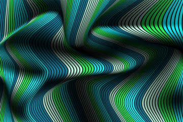 Wavy Lines with Gradient. Trendy Abstract Background with a Distorted Striped Surface. Futuristic Template with Effect of Volume and Movement. Flow. Wavy 3D Abstraction with Distorted Vector Stripes.