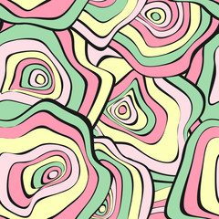 Fototapeta na wymiar Wavy Distorted Rounds. Seamless Pattern with Deformed Circles. Abstract Background in Pastel Color Design. Vector Psychedelic Illustration with Colorful Spot. Wave Seamless Pattern for Fabric, Textile