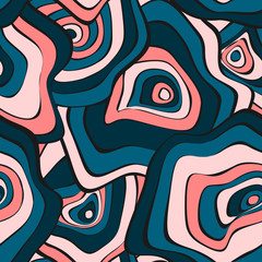 Abstract Hand Drawn Seamless Pattern with Wavy Colorful Circles in Ethnic Style. Vector Psychedelic Background with Deformed Rounds or Spots. Wavy Seamless Pattern for Fabric, Textile, Cloth Design.