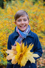 Portrait of beautiful child boy in the autumn nature