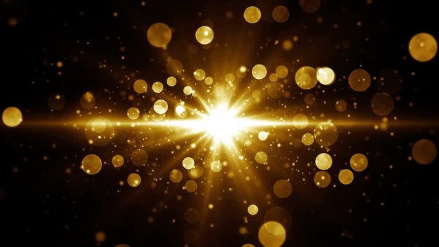 Abstract glamour background for greetings and celebration. Star burst at the center with golden shiny particles. Winner screen template. Seamless loop.