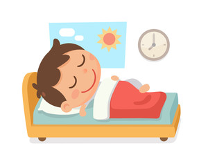Kid's bedtime activity. A boy sleep in the bed and a clock on the wall in the morning.