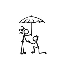 Stick figures people romantic relationship, Man knees ask woman under umbrella to marry, Vector hand drawn