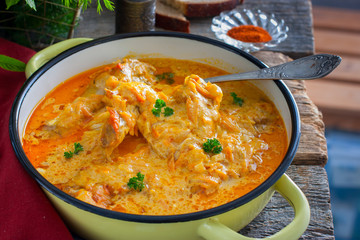 Pumpkin paprikash with chicken in a rustic style, horizontal
