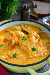 Pumpkin Paprikash with Chicken, selective focus