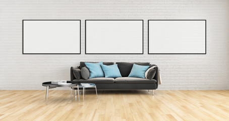 Modern bright interiors with mock up poster frame illustration 3D rendering computer generated image