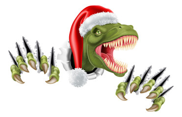A T Rex dinosaur wearing a Santa Christmas hat and tearing through the background © Christos Georghiou
