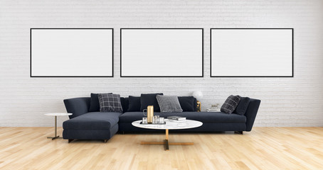 Modern bright interiors with mock up poster frame illustration 3D rendering computer generated image