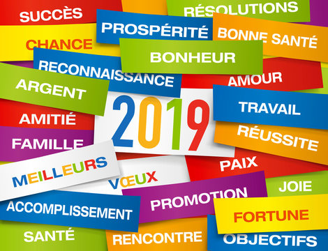 Carte de vœux 2019 montrant une multitude d’étiquettes de couleurs, présentant l’ensemble des vœux à souhaiter pour la nouvelle année.