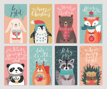 Christmas cards with animals, hand drawn style.