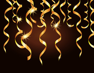 Gold glitter holiday realistic confetti flying on black vector graphic design.