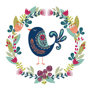 Art vector colorful illustration with beautiful abstract folk bird and floral wreath .