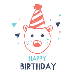 Happy Birthday bear Card Template. Hand drawn Christmas Background with doodle illustration of cartoon animal.