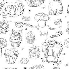 Seamless colorless pattern of different  christmas and winter desserts and sweets with chocolate, holly berries and snowflakes. Isolated hand drawn festive food illustration with christmas decoration