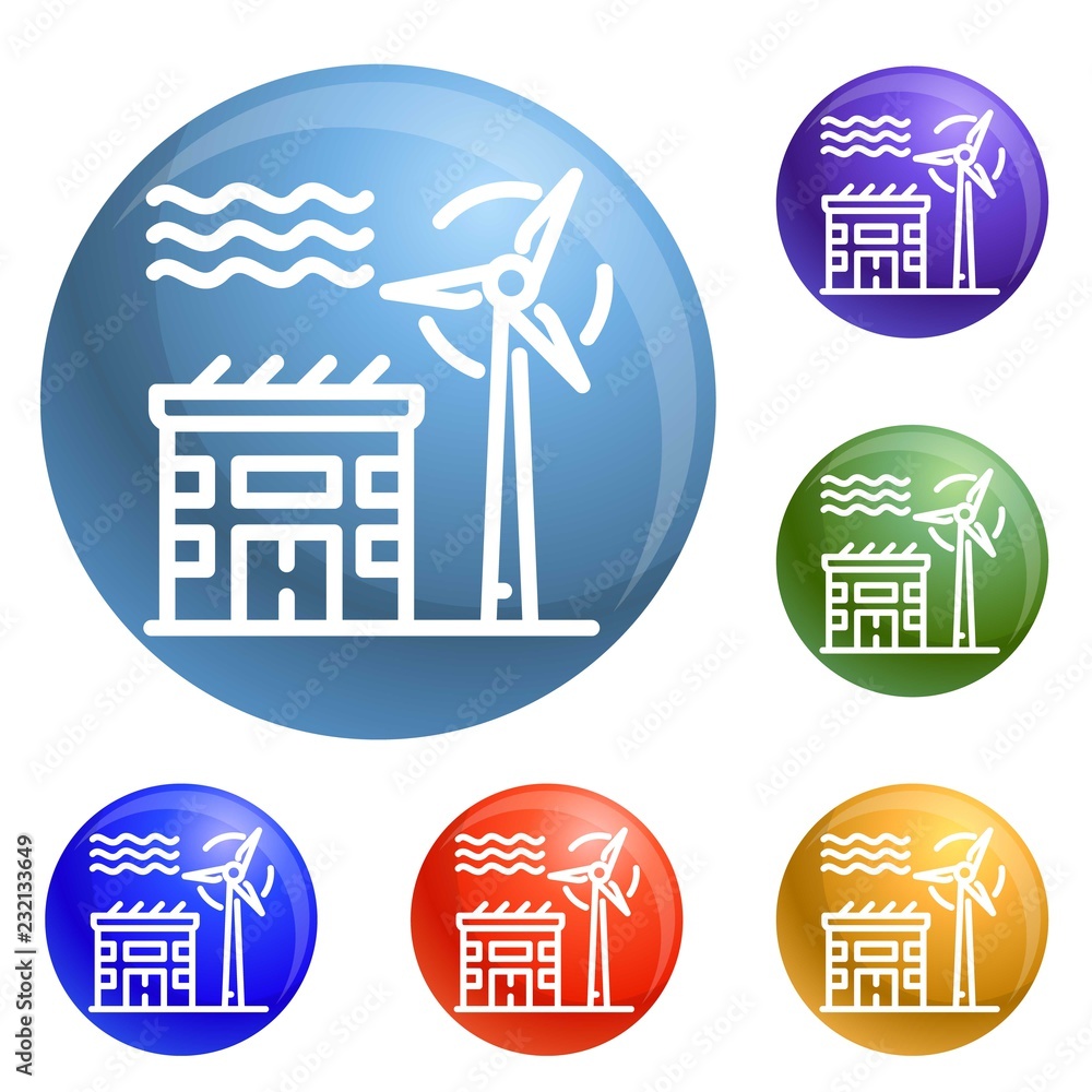 Poster wind turbine icons set vector 6 color isolated on white background