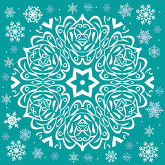 Pictures for advent calendar in green and pink colors. Winter holidays poster with cute the snowflake. Vector EPS8