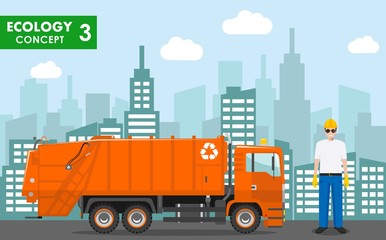 Ecology concept. Detailed illustration of garbage man in uniform and garbage truck on modern cityscape background in flat style. Vector illustration.