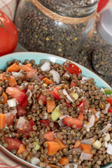 plate of lentil salad with tomatoes and onions