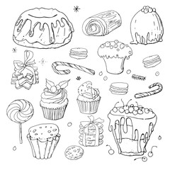 Stock black and white set of different  christmas and winter doodle desserts and sweets with chocolate and berries. Isolated hand drawn festive food illustration.  - 232135489