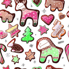 Stock endless pattern from different christmas gingerbreads with  holly berries and snowflakes. Isolated and hand drawn doodle festive backdrop. Seamless texture for holiday design. New year.