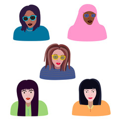 women of different ethnic groups and religions, portraits of Muslim, Caucasian, Black, Asian girls. stylish sunglasses. Fashion portraits of multicultural female characters. Avatars for social network